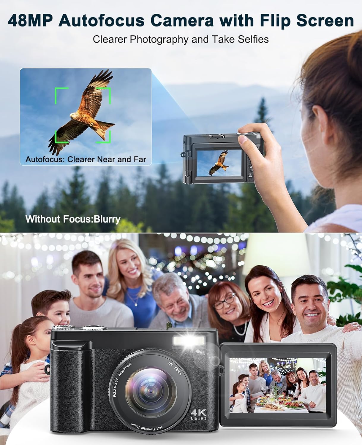 4K Digital Camera for Photography and Video, Autofocus Anti-Shake 48MP Vlogging Camera for YouTube, 3'' 180°Flip Screen Camera with Flash 16X Zoom, Digital Camera with 32GB Card Battery Charger Black - Image 3