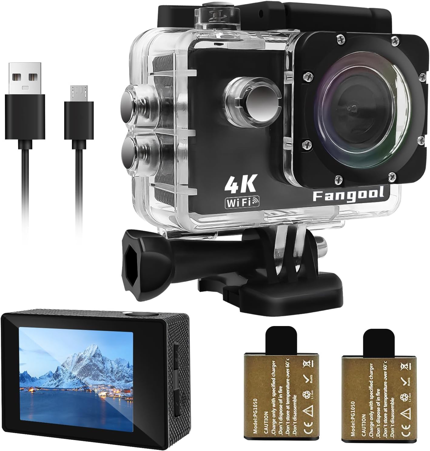 Fangool Action Camera 4K 30FPS, Waterproof Camera 30M Ultra HD 131FT Underwater WiFi Cam 170°Wide Angle Shooting, with 2 x 1050 mAh Batteries for Skiing, Skating, Surfing, Cycling, Fishing