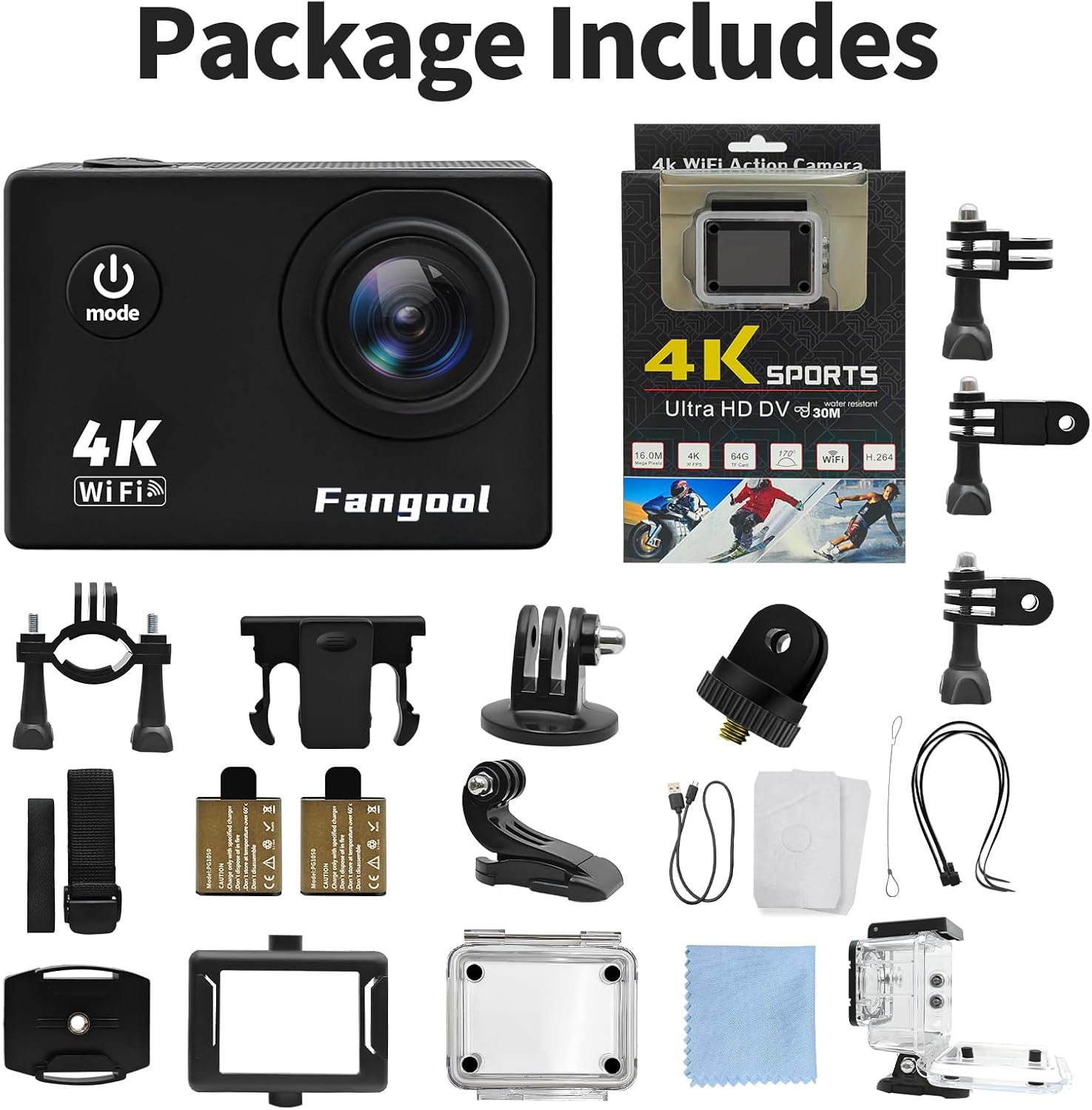 Fangool Action Camera 4K 30FPS, Waterproof Camera 30M Ultra HD 131FT Underwater WiFi Cam 170°Wide Angle Shooting, with 2 x 1050 mAh Batteries for Skiing, Skating, Surfing, Cycling, Fishing - Image 7