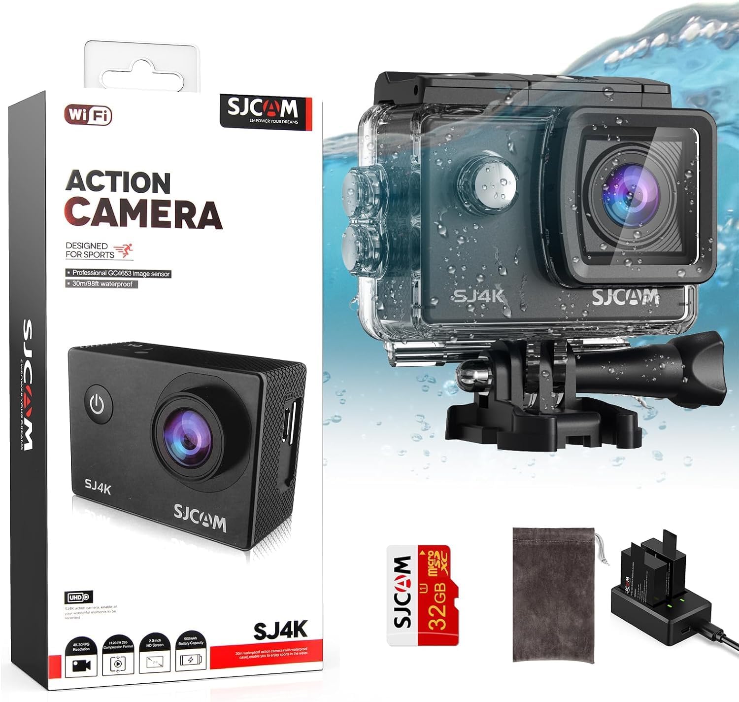 SJCAM SJ4000 Pro-Grade 4K Action Camera, 40MP OIS+EIS Stabilization Motorcycle Sport Camera, 170°FOV Waterproof Camera Underwater, 5X Zoom, Dual Batteries, 32G SD Card and Helmet Accessory Kit
